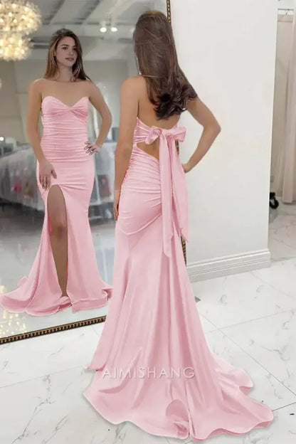 Aimishang Sweet Mermaid Light Blue Strapless Sleeveless Long Formal Prom Dress With Slit Charming Graduation Dress Elegant Party Evening Gowns
