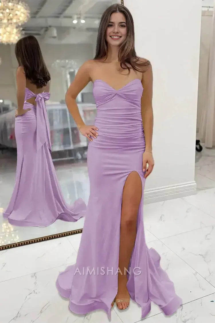 Aimishang Sweet Mermaid Light Blue Strapless Sleeveless Long Formal Prom Dress With Slit Charming Graduation Dress Elegant Party Evening Gowns
