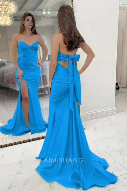 Aimishang Sweet Mermaid Light Blue Strapless Sleeveless Long Formal Prom Dress With Slit Charming Graduation Dress Elegant Party Evening Gowns