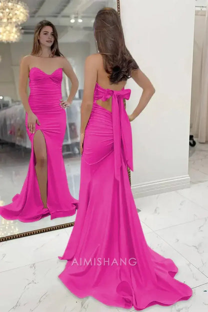 Aimishang Sweet Mermaid Light Blue Strapless Sleeveless Long Formal Prom Dress With Slit Charming Graduation Dress Elegant Party Evening Gowns