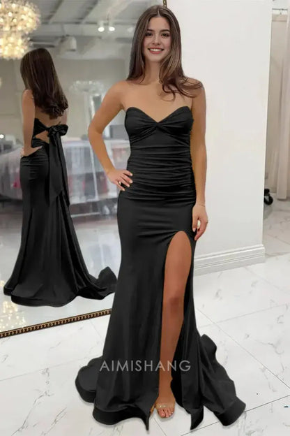 Aimishang Sweet Mermaid Light Blue Strapless Sleeveless Long Formal Prom Dress With Slit Charming Graduation Dress Elegant Party Evening Gowns