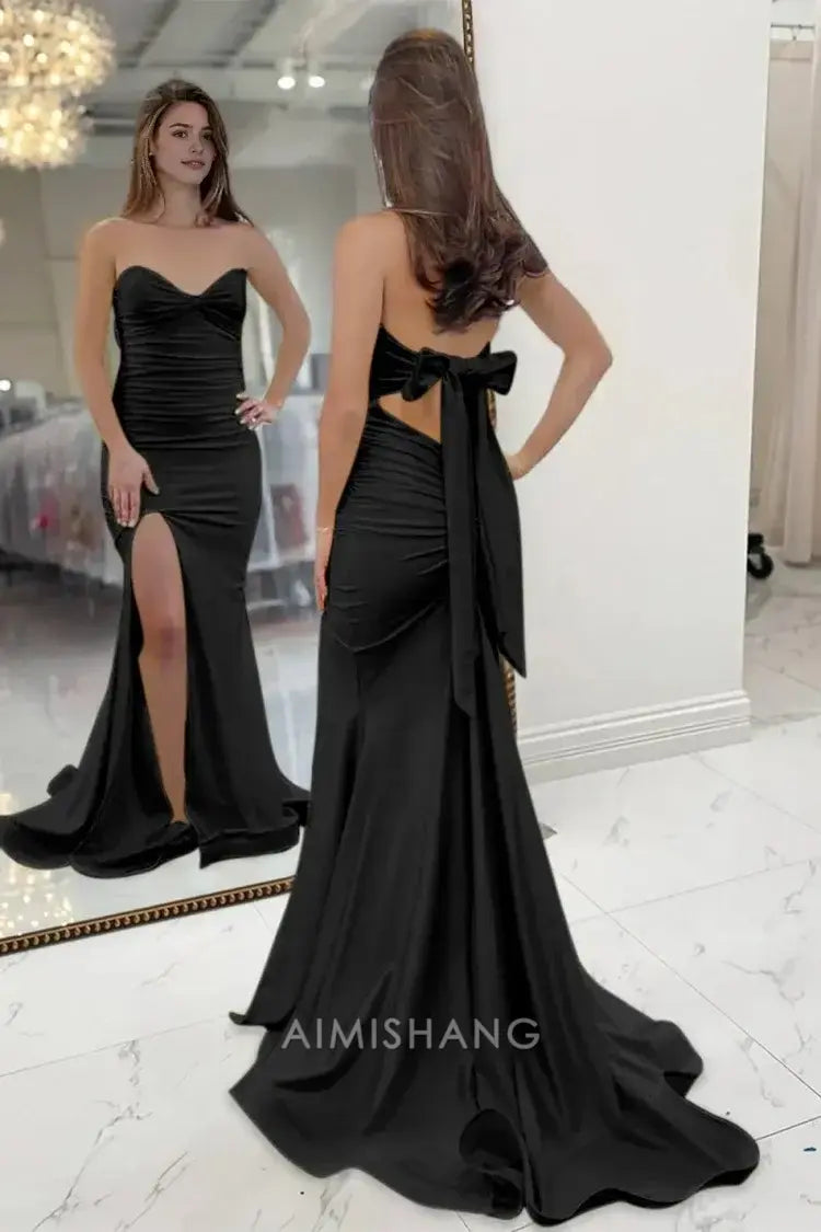 Aimishang Sweet Mermaid Light Blue Strapless Sleeveless Long Formal Prom Dress With Slit Charming Graduation Dress Elegant Party Evening Gowns