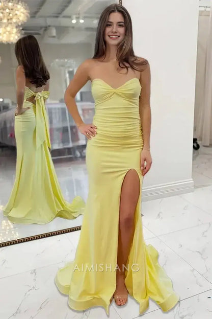 Aimishang Sweet Mermaid Strapless Sleeveless Yellow Long Formal Prom Dress With Slit Charming Graduation Dress Elegant Party Evening Gowns