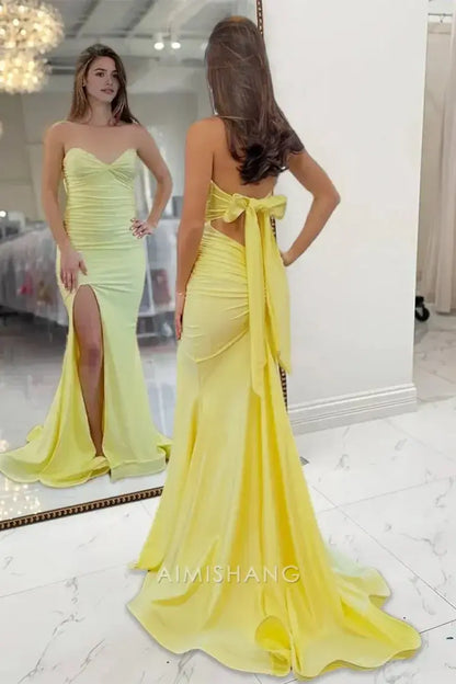 Aimishang Sweet Mermaid Strapless Sleeveless Yellow Long Formal Prom Dress With Slit Charming Graduation Dress Elegant Party Evening Gowns