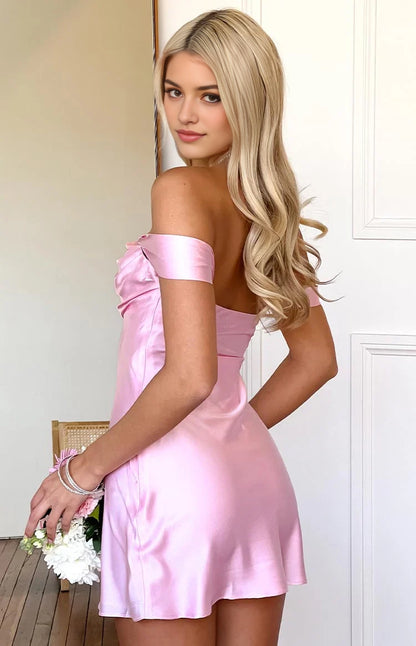 Aimishang Sweet Off the Shoulder Satin Short Graduation Party Dress Cute Summer Mini Homecoming Dress