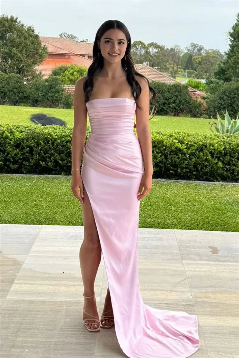 Aimishang Sweet Sheath Ruched Sleeveless Evening Party Dress Lovely Long Formal Graduation Dress With Slit