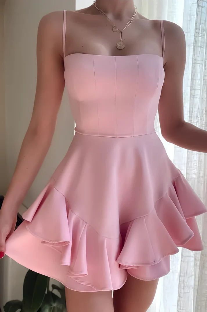 Aimishang Sweet Spaghetti Straps A Line Ruffle Sleeveless Short Birthday Party Dress Cute Cocktail Homecoming Dress