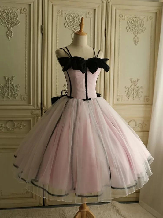 Aimishang Sweet Spaghetti Straps Pink A Line Sleeveless Tulle Formal Homecoming Dress Lovely Birthday Party Dress With Bows