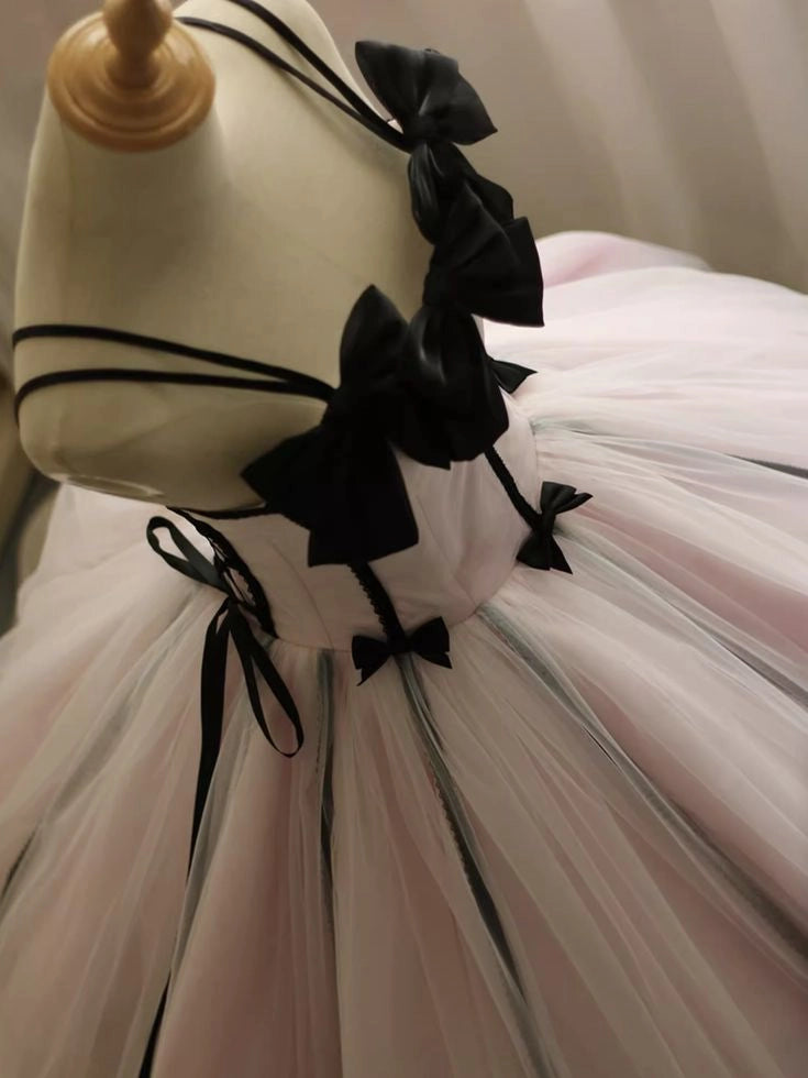 Aimishang Sweet Spaghetti Straps Pink A Line Sleeveless Tulle Formal Homecoming Dress Lovely Birthday Party Dress With Bows
