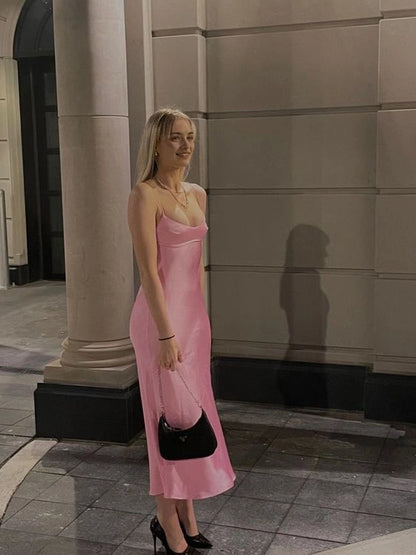 Aimishang Sweet Spaghetti Straps Satin Sleeveless Party Evening Gown Simple Graduation Dress