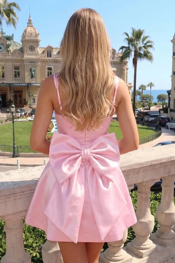 Aimishang Sweet Square Neck A-Line Satin Sleeveless Short Homecoming Dress with Back Bow