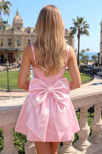 Aimishang Sweet Square Neck A-Line Satin Sleeveless Short Homecoming Dress with Back Bow