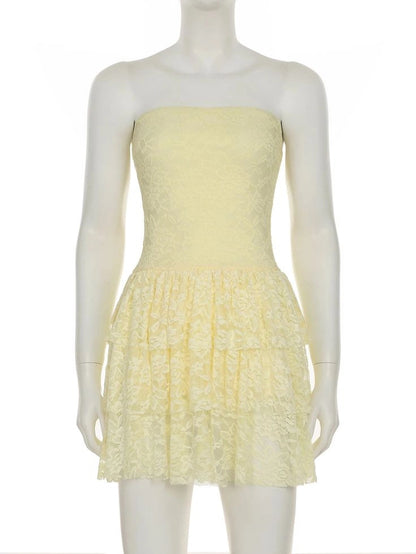 Aimishang Sweet Strapless A Line Lace Sleeveless Layered Short/Mini Homecoming Dress Summer Graduation Party Dress