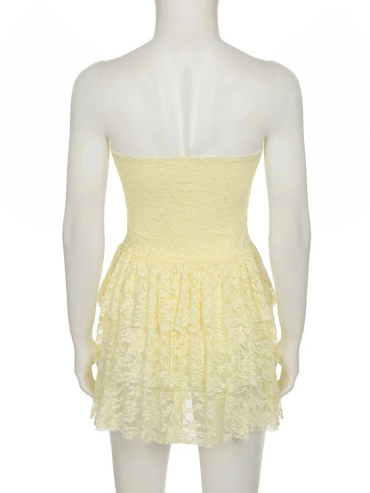 Aimishang Sweet Strapless A Line Lace Sleeveless Layered Short/Mini Homecoming Dress Summer Graduation Party Dress