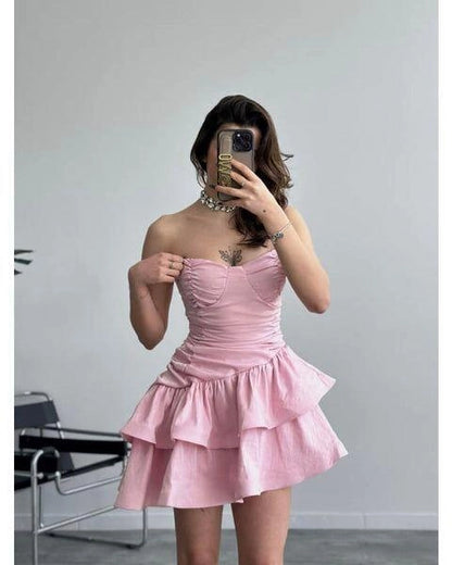 Aimishang Sweet Strapless A Line Sleeveless Layered Short/Mini Graduation Party Dress Cute Summer Homecoming Dress