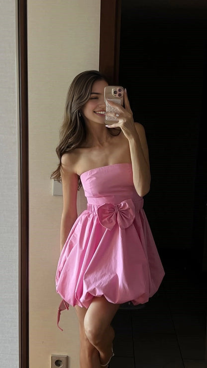 Aimishang Sweet Strapless Sleeveless A Line Short Summer Homecoming Dress Cute Graduation Party Dress With Bow
