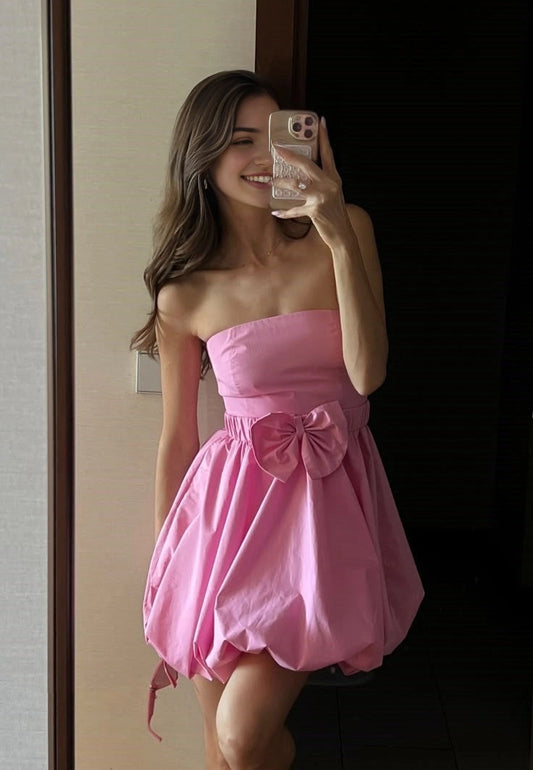 Aimishang Sweet Strapless Sleeveless A Line Short Summer Homecoming Dress Cute Graduation Party Dress With Bow