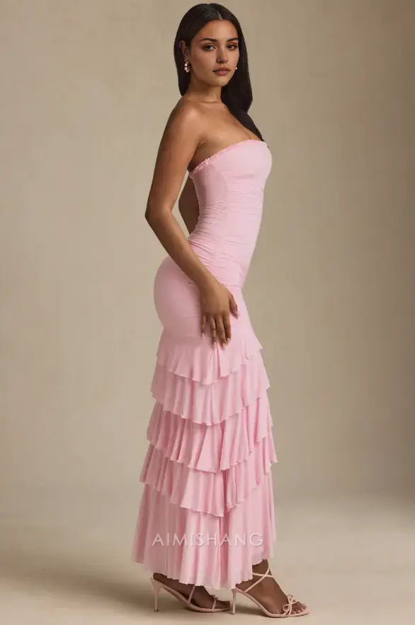 Aimishang Sweet Strapless Sleeveless Ruffles Layered Long Formal Prom Dress With Slit Elegant Wedding Guest Dress Lovely Party Evening Gowns