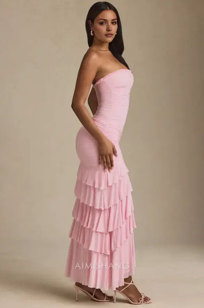 Aimishang Sweet Strapless Sleeveless Ruffles Layered Long Formal Prom Dress With Slit Elegant Wedding Guest Dress Lovely Party Evening Gowns