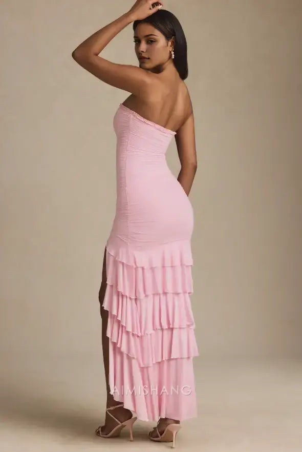 Aimishang Sweet Strapless Sleeveless Ruffles Layered Long Formal Prom Dress With Slit Elegant Wedding Guest Dress Lovely Party Evening Gowns