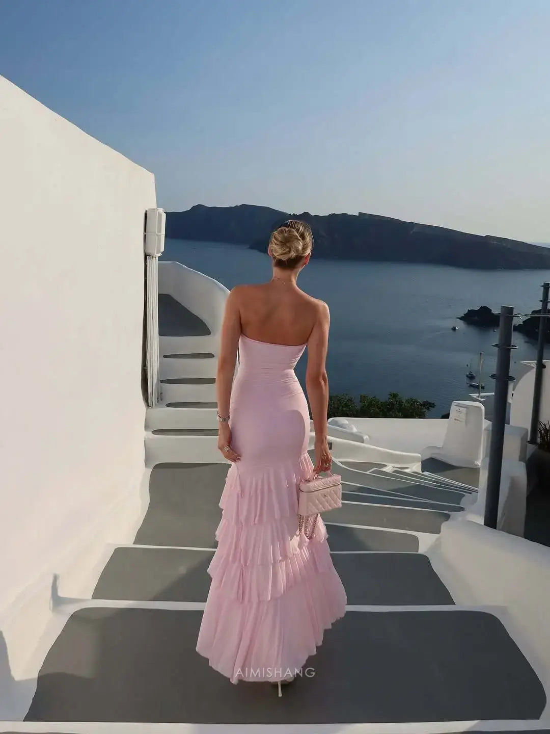 Aimishang Sweet Strapless Sleeveless Ruffles Layered Long Formal Prom Dress With Slit Lovely Party Evening Gowns Elegant Wedding Guest Dress