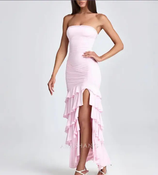 Aimishang Sweet Strapless Sleeveless Ruffles Layered Long Formal Prom Dress With Slit Lovely Party Evening Gowns Elegant Wedding Guest Dress
