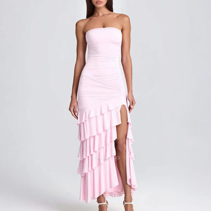 Aimishang Sweet Strapless Sleeveless Ruffles Layered Long Formal Prom Dress With Slit Lovely Party Evening Gowns Elegant Wedding Guest Dress