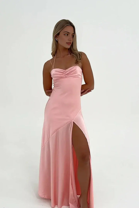Aimishang Sweet Straps Sleeveless Satin Party Evening Gown Lovely Long Formal Prom Dress With Slit