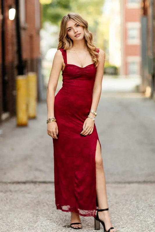 Aimishang Sweet Straps Sleeveless Lace Wedding Guest Party Dress Elegant Long Formal Prom Dress With Slit