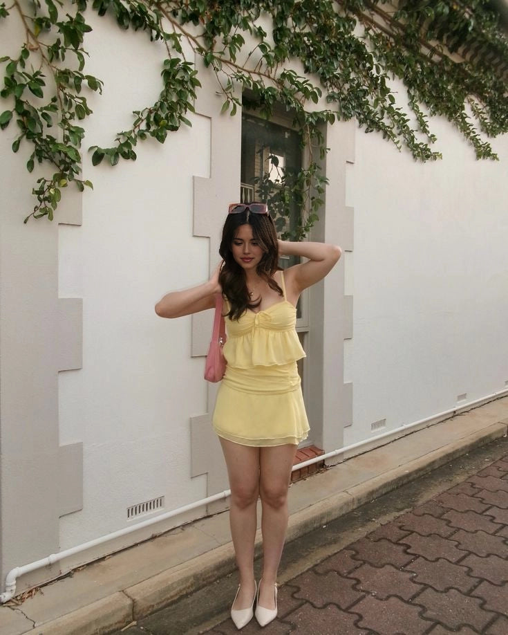 Aimishang Sweet Two Piece Spaghetti Straps Yellow Sleeveless Short Homecoming Dress Summer Mini Birthday Party Dress