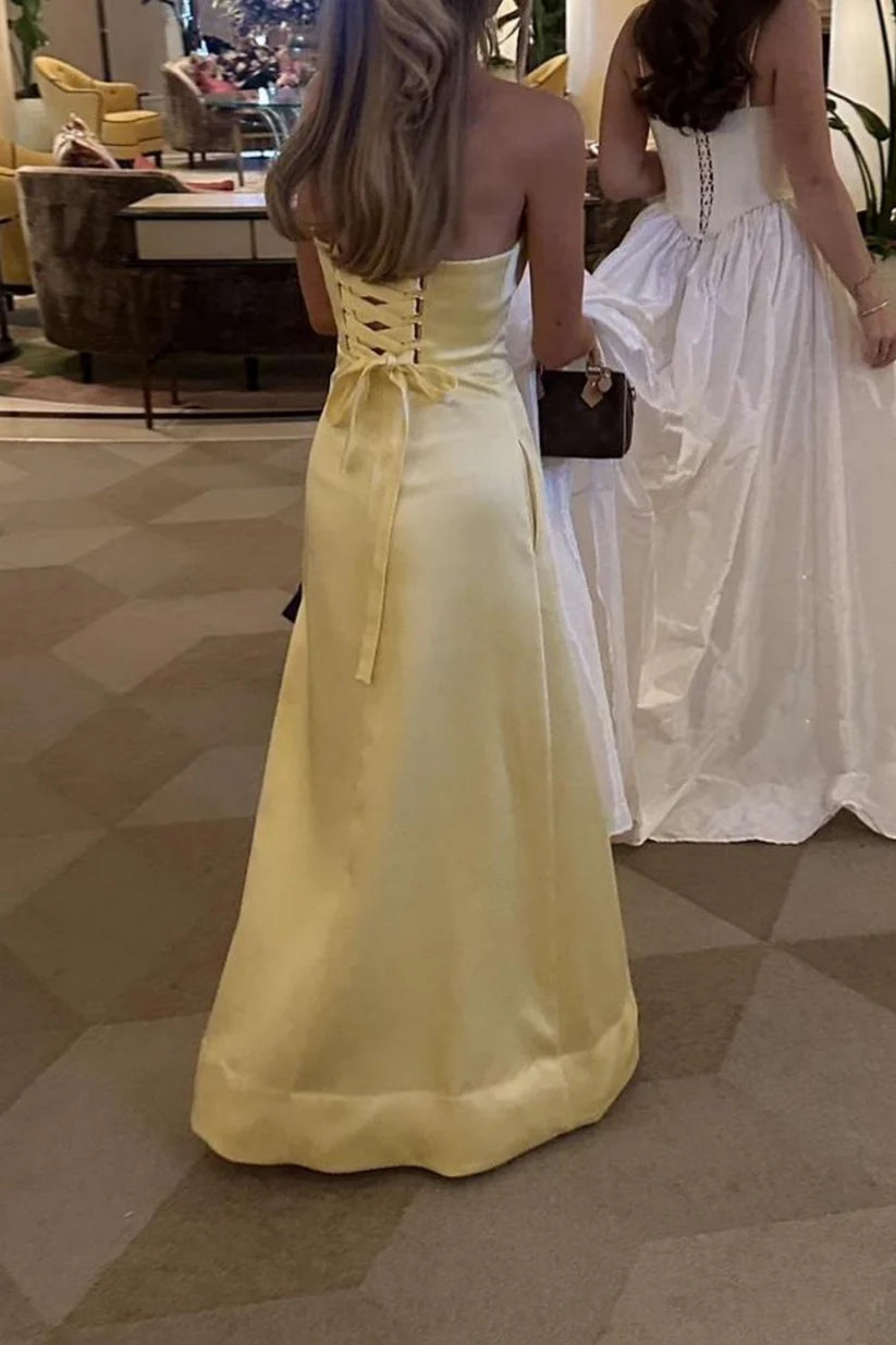 Aimishang Sweet Yellow A-line Strapless Sleeveless Evening Party Dress Elegant Long Formal Prom Dress