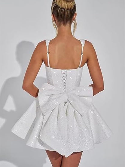 Aimishang Sweetheart A-Line Square Neck Sequins Homecoming Dresses with Bow Short Sparkly Graduation Dress Lovely Birthday Party Dress