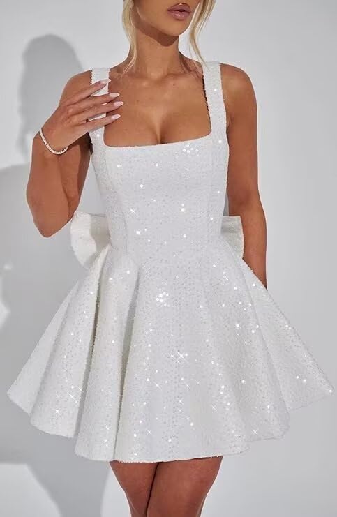 Aimishang Sweetheart A-Line Square Neck Sequins Homecoming Dresses with Bow Short Sparkly Graduation Dress Lovely Birthday Party Dress