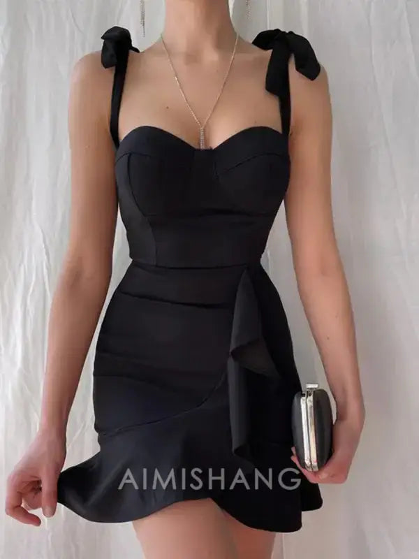 Aimishang Sweetheart Sheath Tied Straps Ruffle Hem Homecoming Dress Simple Birthday Party Dress Short Graduation Dress
