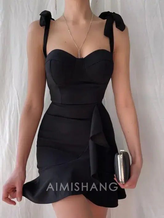 Aimishang Sweetheart Sheath Tied Straps Ruffle Hem Homecoming Dress Simple Birthday Party Dress Short Graduation Dress