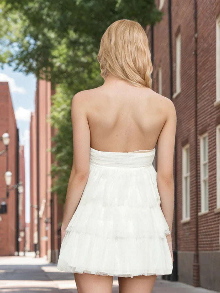 Aimishang Sweet A-Line/Princess Strapless Layered Ruffle Tulle Homecoming Dresses Short Graduation Dress Lovely Birthday Party Dress