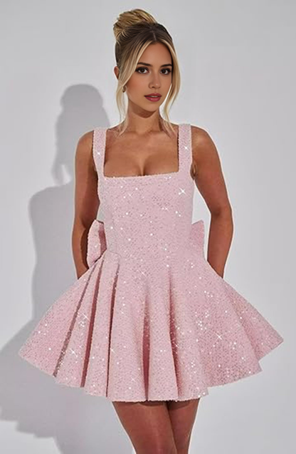Aimishang Sweetheart A-Line Square Neck Sequins Homecoming Dresses with Bow Short Sparkly Graduation Dress Lovely Birthday Party Dress