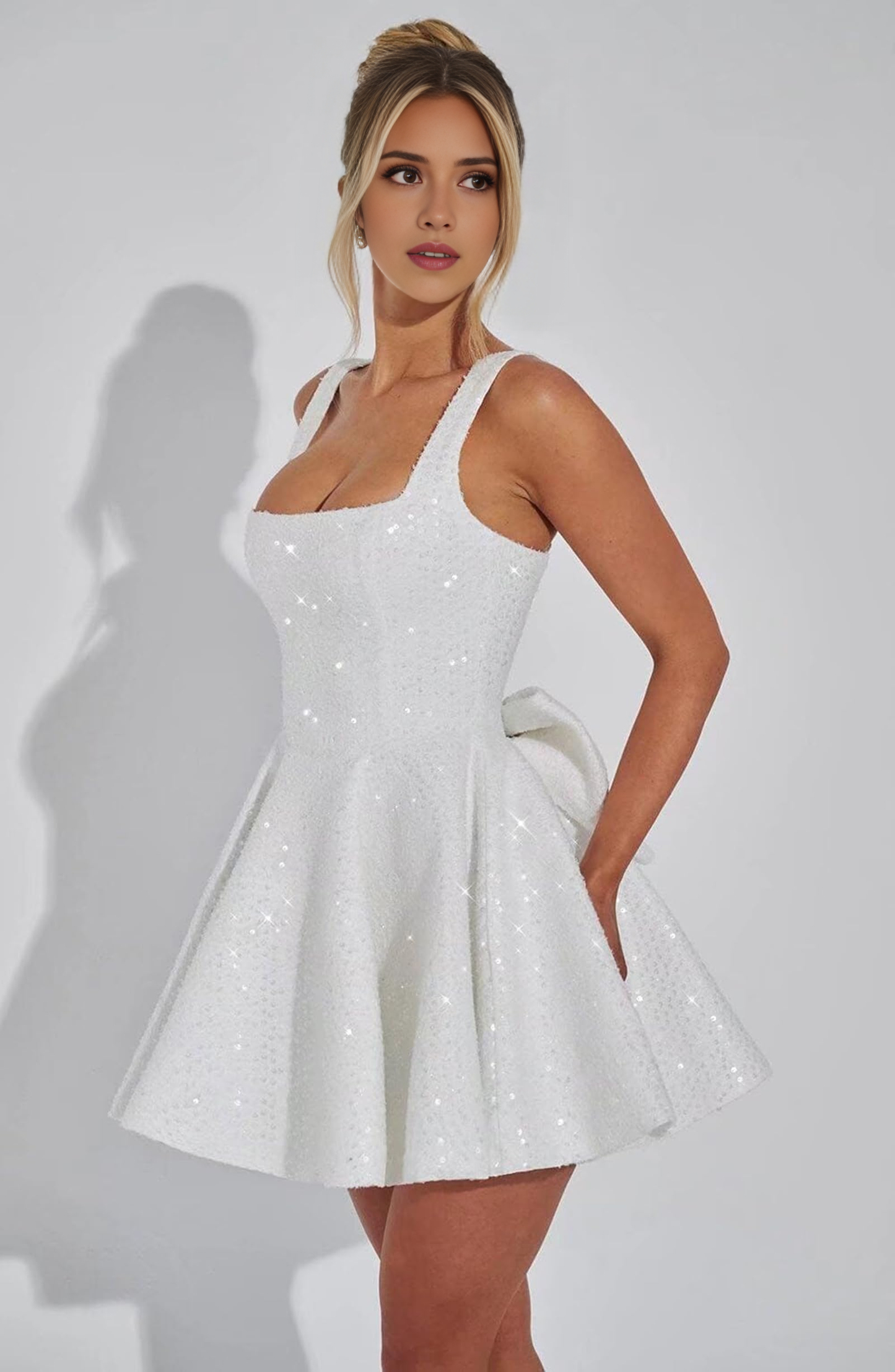 Aimishang Sweetheart A-Line Square Neck Sequins Homecoming Dresses with Bow Short Sparkly Graduation Dress Lovely Birthday Party Dress