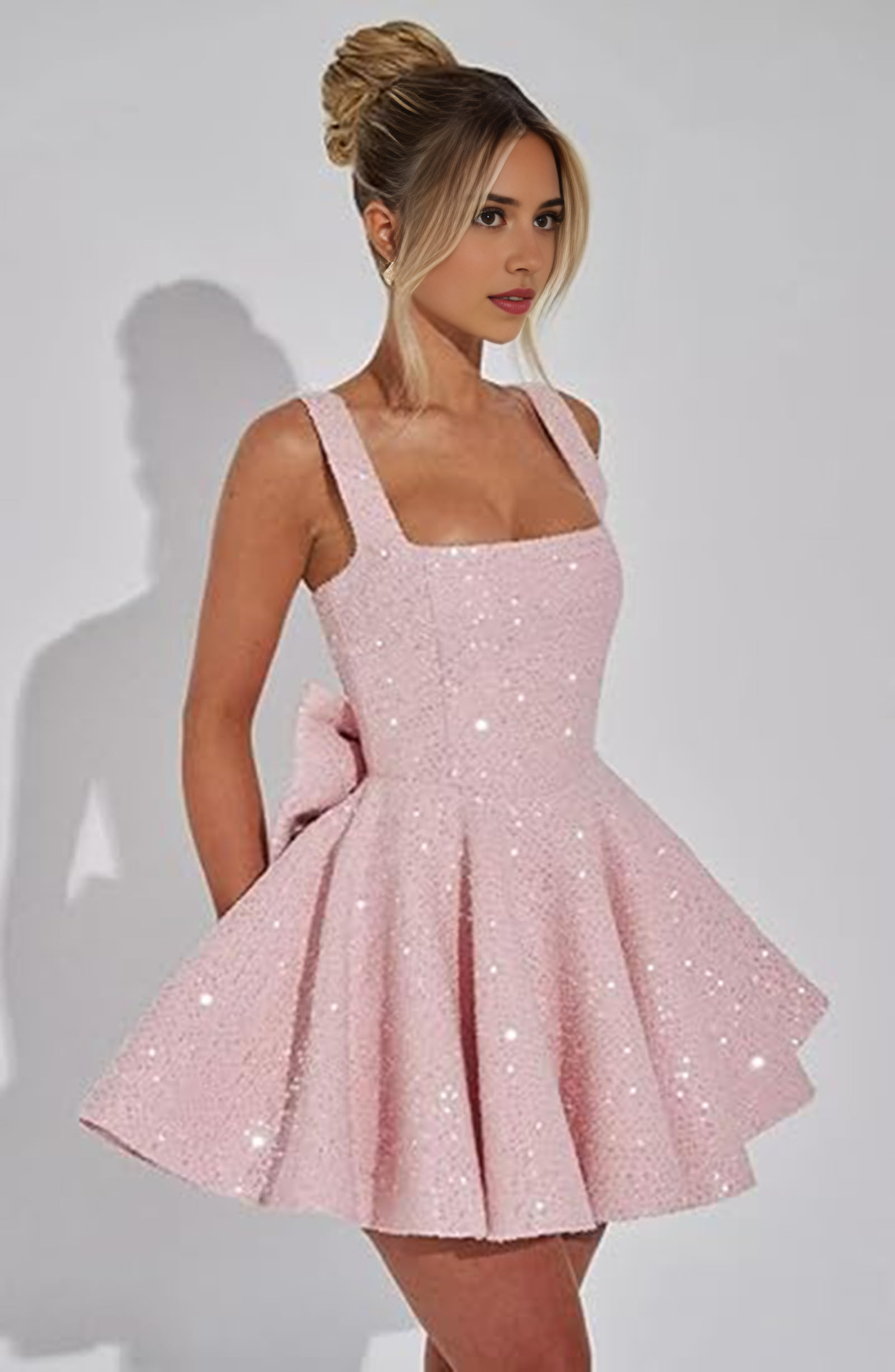 Aimishang Sweetheart A-Line Square Neck Sequins Homecoming Dresses with Bow Short Sparkly Graduation Dress Lovely Birthday Party Dress