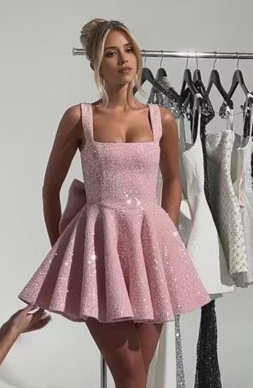 Aimishang Sweetheart A-Line Square Neck Sequins Homecoming Dresses with Bow Short Sparkly Graduation Dress Lovely Birthday Party Dress