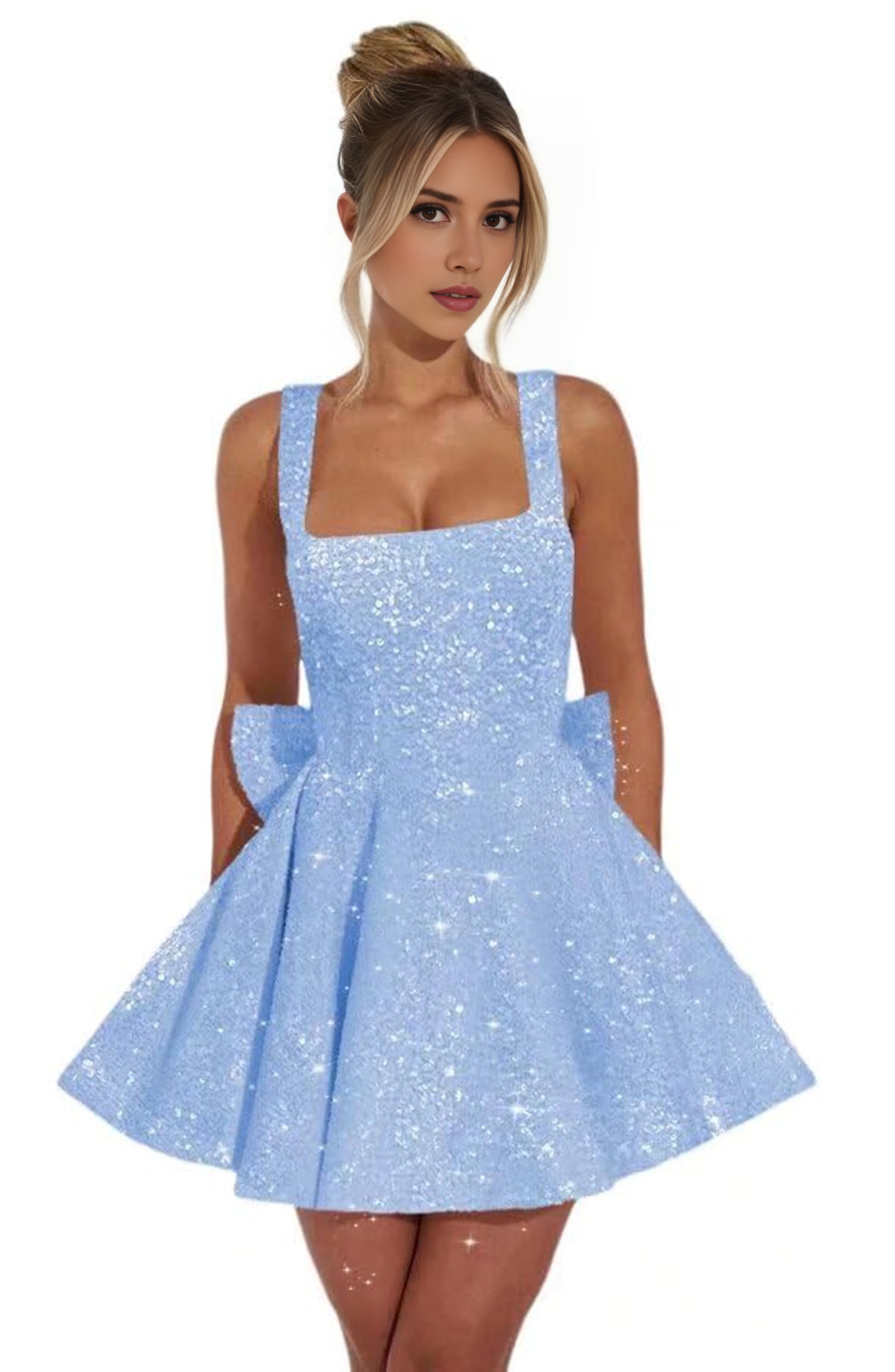 Aimishang Sweetheart A-Line Square Neck Sequins Homecoming Dresses with Bow Short Sparkly Graduation Dress Lovely Birthday Party Dress