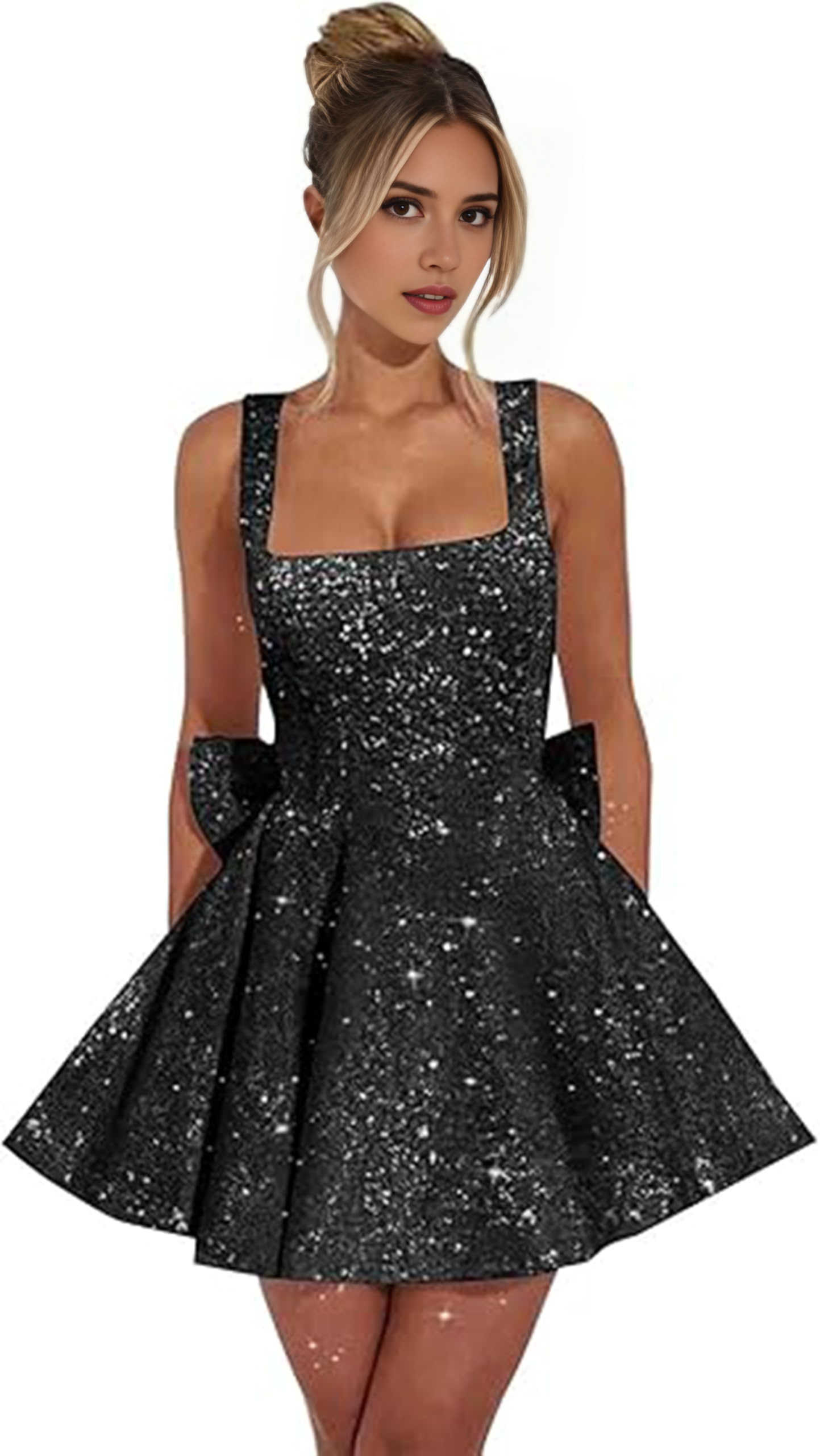 Aimishang Sweetheart A-Line Square Neck Sequins Homecoming Dresses with Bow Short Sparkly Graduation Dress Lovely Birthday Party Dress