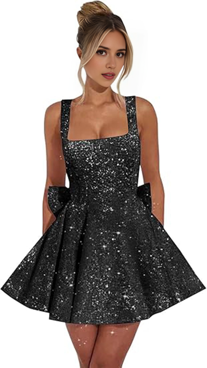 Aimishang Sweetheart A-Line Square Neck Sequins Homecoming Dresses with Bow Short Sparkly Graduation Dress Lovely Birthday Party Dress