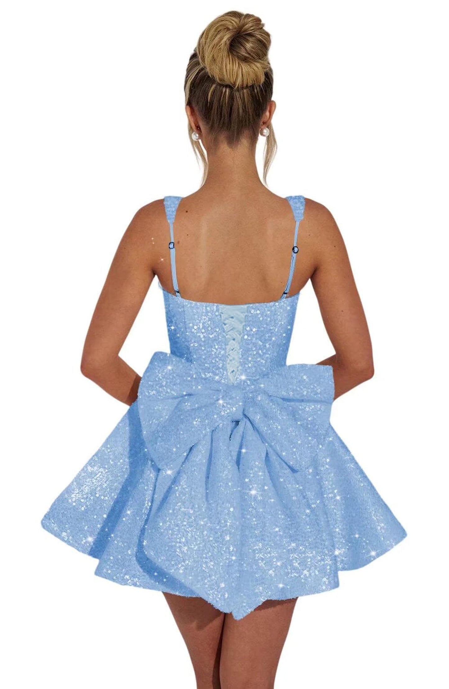 Aimishang Sweetheart A-Line Square Neck Sequins Homecoming Dresses with Bow Short Sparkly Graduation Dress Lovely Birthday Party Dress