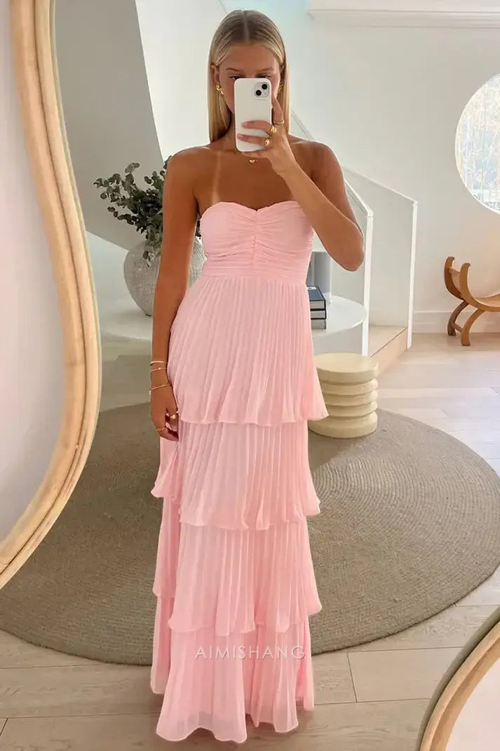 Aimishang Sweetheart A-Line Strapless Tiered Long Formal Prom Dress Charming Party Dress Elegant Wedding Guest Dress