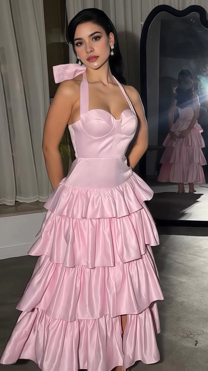 Aimishang Sweetheart A Line Halter Satin Ruffle Layered Long Formal Prom Dress Elegant Graduation Party Dress