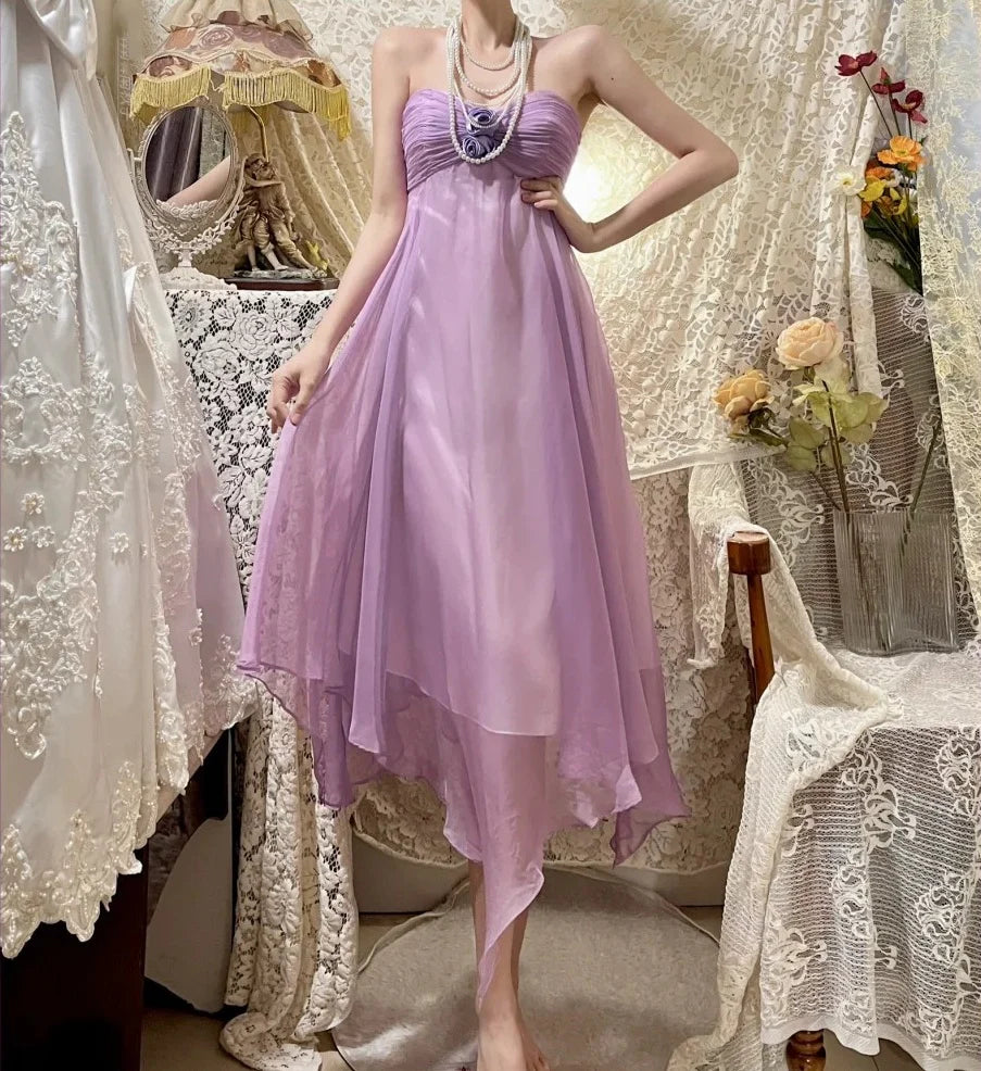 Aimishang Sweetheart A Line Strapless Purple Floral Formal Prom Dress Elegant Wedding Guest Party Dress