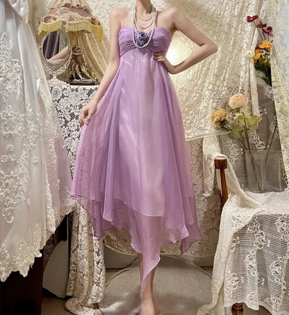 Aimishang Sweetheart A Line Strapless Purple Floral Formal Prom Dress Elegant Wedding Guest Party Dress