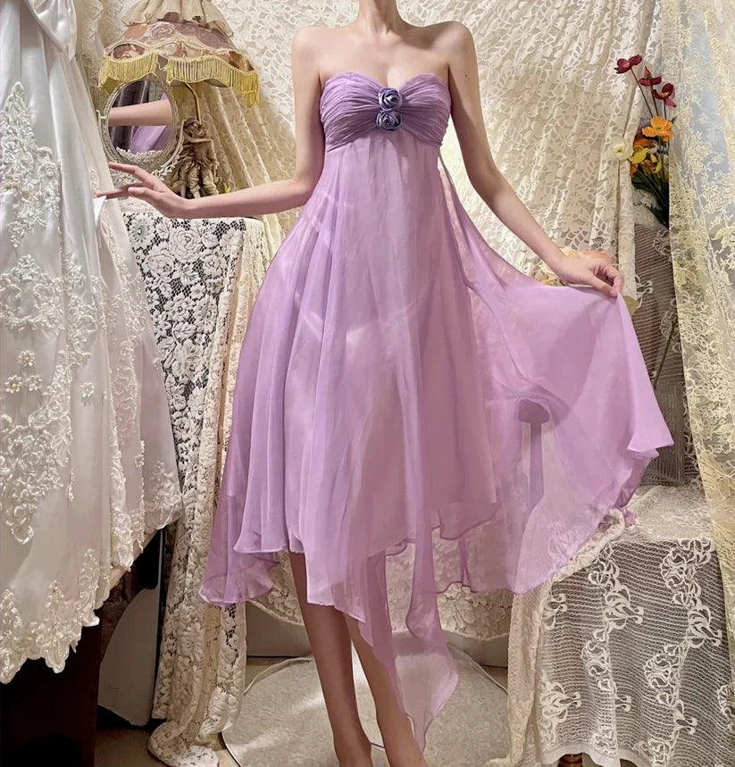 Aimishang Sweetheart A Line Strapless Purple Floral Formal Prom Dress Elegant Wedding Guest Party Dress