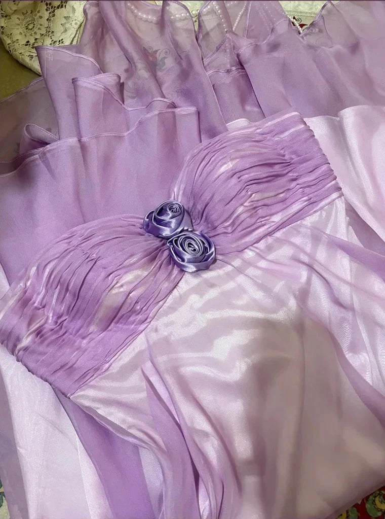 Aimishang Sweetheart A Line Strapless Purple Floral Formal Prom Dress Elegant Wedding Guest Party Dress